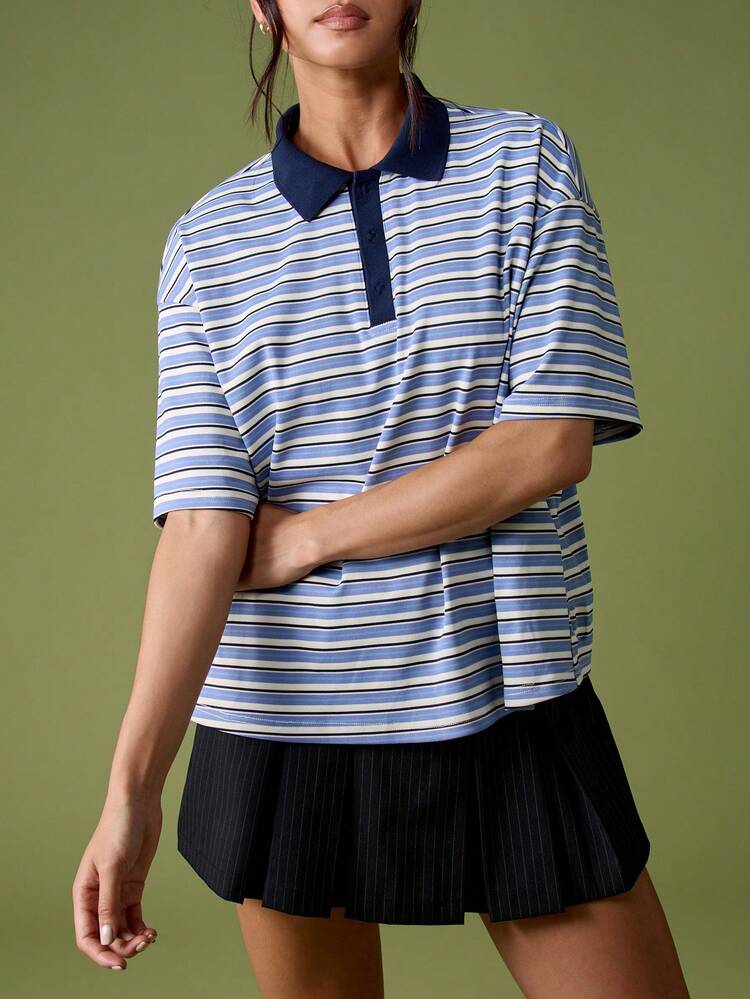 MISSGUIDED Camisa Polo Feminina de Manga Curta com Listras