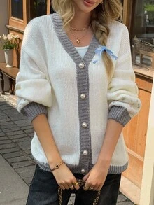 Livesso Lös V-ringad kofta med färgblock för dam, höst - Beige - Visa 5