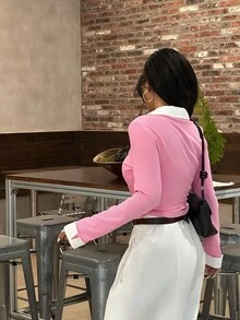 INAWLY 女款休閒對比色領口上衣，秋季 - 粉色 - 查看 3