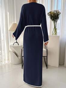 EURMUSE Pullover Sweater Dress Hem And Sleeve Detail+ 478 - Navy Blue - View 2