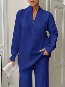 EURMUSE 2 件复古纹理针织套装：白色半拉链长袖运动衫和配套单品 - 寶藍色 - 查看 2