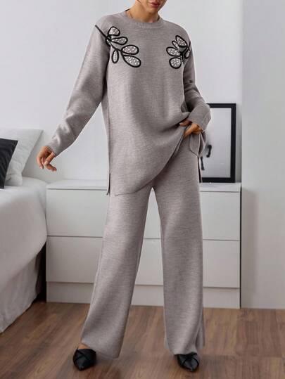 EURMUSE Women Solid Color Flower Embroidery Pearl Detailed Round Neck Drop Shoulder Pullover & Sweater Pants Set 2 Piece Lounge Sets Woman Two Piece Set Women Comfy Loungewear Women Lounge Wear Comfortable Two Piece Set