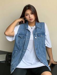 Dazy Plus Washed Blue Faded Collar Loose Sleeveless Denim Vest/Jacket - Blue - View 1