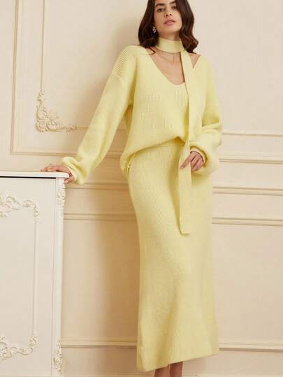 Chiquease 时尚百搭优雅纯色毛衣针织裙套装