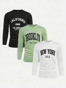 SHEIN 3件套青少年男童学院风字母印花长袖T恤，休闲舒适，时尚百搭，面料柔软，适合日常穿着、上学、郊游、户外活动、秋冬季节，返校季男童时尚长袖上衣，纽约童装衬衫