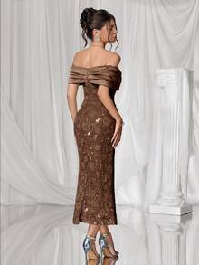 Coutiva Elegant Drop Shoulder Backless Fruit Green Satin Stitching Jacquard Sequin Hem Straight Skirt Back Slit Party Dress, Suitable For Birthday Parties, Daily Gatherings, Prom Dresses, Cocktail Parties, Graduation Ceremonies, School Opening Parties, Etc. - Coffee Brown - View 2