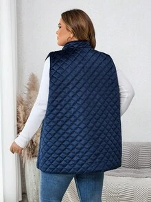 SHEIN CURVE+ Velvet Quilted Vest Thickened Jacket Navy Blue In Fall/Winter - Navy Blue - View 2
