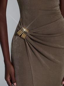 Elitara Elegant, Romantic, Sexy, Minimalist, Khaki Color, Knitted Stretchy Fabric, Metal Buckle, Twist Knot, Fishtail Hem, Fashionable, Influencer Style, Holiday, Vacation, Birthday Party, Wedding Event, Bridesmaid Dress