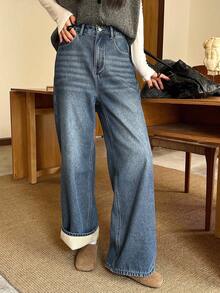 DAZY 女士保暖内衬直筒牛仔裤，复古高腰修身阔腿牛仔裤，秋冬季保暖内衬 - 藍色 - 查看 7