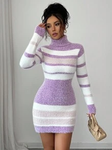 Elenzga Váy ôm sát cổ cao cổ kẻ sọc chắp vá bằng lông chồn dành cho nữ - Nhiều màu - Xem 6