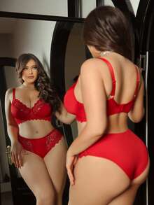 SHEIN Seduluxe 2pcs Plus Size Lace Patchwork Underwire Bra & Panty Set, Lift