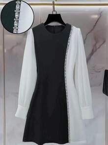Franclia Damen elegantes, minimalistisches Farbblock-Kleid mit Strass-Verzierung