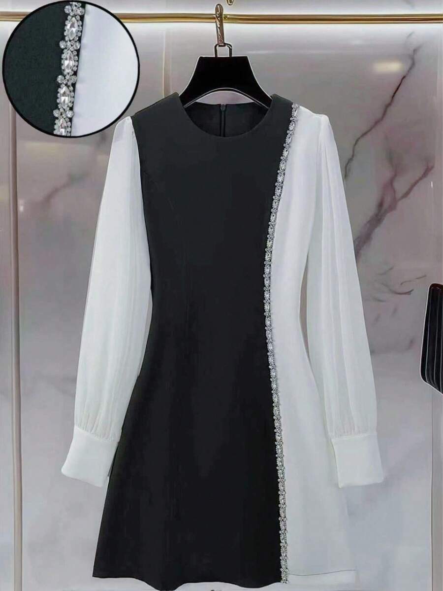 Franclia Damen elegantes, minimalistisches Farbblock-Kleid mit Strass-Verzierung