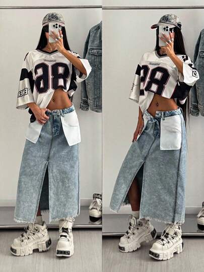 StreetHx Women's Fashion Color Block Patchwork Denim Skirt With Slit