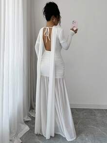 Rafferiza Váy dài tay xẻ tà hở lưng, dây buộc kiểu Pháp lãng mạn tối giản dành cho nữ, mùa thu - trắng - Xem 3