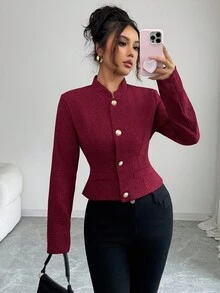 SHEIN Elenzya 优雅女士立领夹克，收腰，单排扣，精致粗花呢设计 - 紅色 - 查看 2