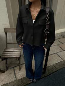 Siren Gaze Áo khoác ngoài cài nút phía trước có chi tiết vạt thả vai cho mùa thu/đông - màu đen - Xem 5