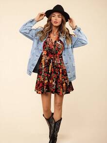 Coeurva 編織印花短袖連衣裙，小飛機圖案，適合度假，女士款 - 彩色 - 查看 2