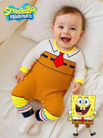 SpongeBob SquarePants | SHEIN Baby Boy Cartoon Cosplay Knitted Crew Neck Jumpsuit, Autumn/Winter Fall