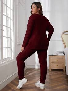 SHEIN Cottnline Plus Size Comfortable Knitted Ribbed 2 Pieces Set - Burgundy - View 2
