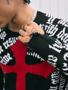AXEPEAK Men's Casual Crew Neck Drop Shoulder Letter & Cross Graphic Sweater, Autumn/Winter - Multicolor - View 7