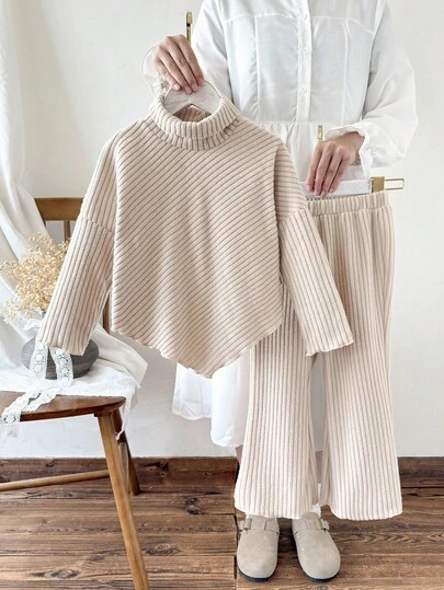 Genkimix Kids Young Girl Solid Color Turtleneck Drop Shoulder Long Sleeve Ribbed T-Shirt And Flare Pants Set, Autumn Fall Winter