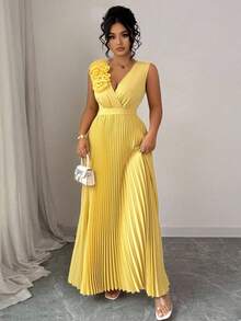 Elenzga 加大码性感奶油黄色花卉 3D 褶皱 A 字形 V 领连衣裙，优雅精致