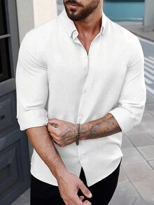 Manfinity CasualCool 男士纯色长袖素色衬衫 - 白色 - 查看 4