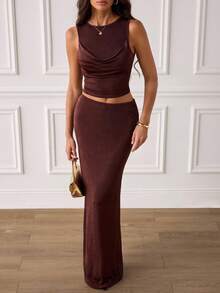 SHEIN Tall 女士纯色针织无袖背心+长裙，夏季休闲装 - 咖啡棕 - 查看 6