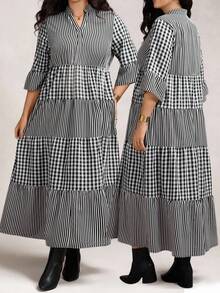 Zelara 大码粉色碎花休闲四层连衣裙 - 黑與白 - 查看 1