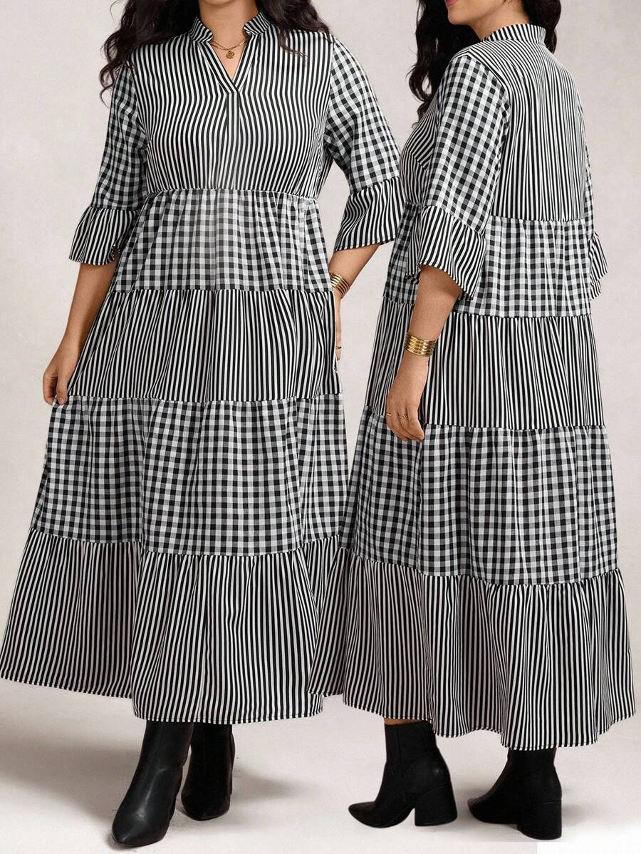 Zelara 大码粉色碎花休闲四层连衣裙 - 黑與白 - 查看 1