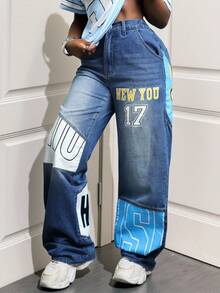 BamGleam Women's Printed Distressed Patchwork Wide Leg Jeans - Medium Wash - View 3
