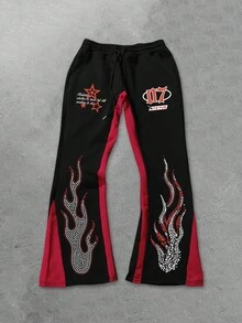 ROMWE MEN Street Life Men's Black & Red Flame Star Print Flared Leg Casual Pants, Autumn/Winter - Multicolor - View 1