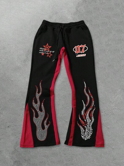 Street Life Pantalones casuales con pierna acampanada con estampado de llamas negras y rojas, otoño/invierno