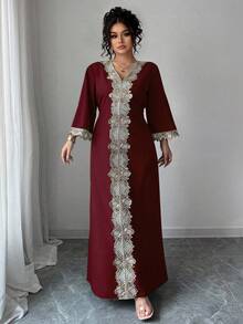 Elenzga 大码女装春夏休闲通勤时尚都市女性风格独特经典复古蕾丝定位精致设计感外国度假旅行长袖庄重奢华长裙 - 酒紅色 - 查看 7