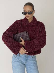 Siren Gaze 秋冬女士勃艮第红仿皮草通勤夹克 - 紅色 - 查看 3