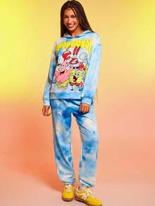 SpongeBob SquarePants | SHEIN 2件套女士休闲扎染卡通图案连帽衫和裤子套装，秋季 - 藍色 - 查看 3