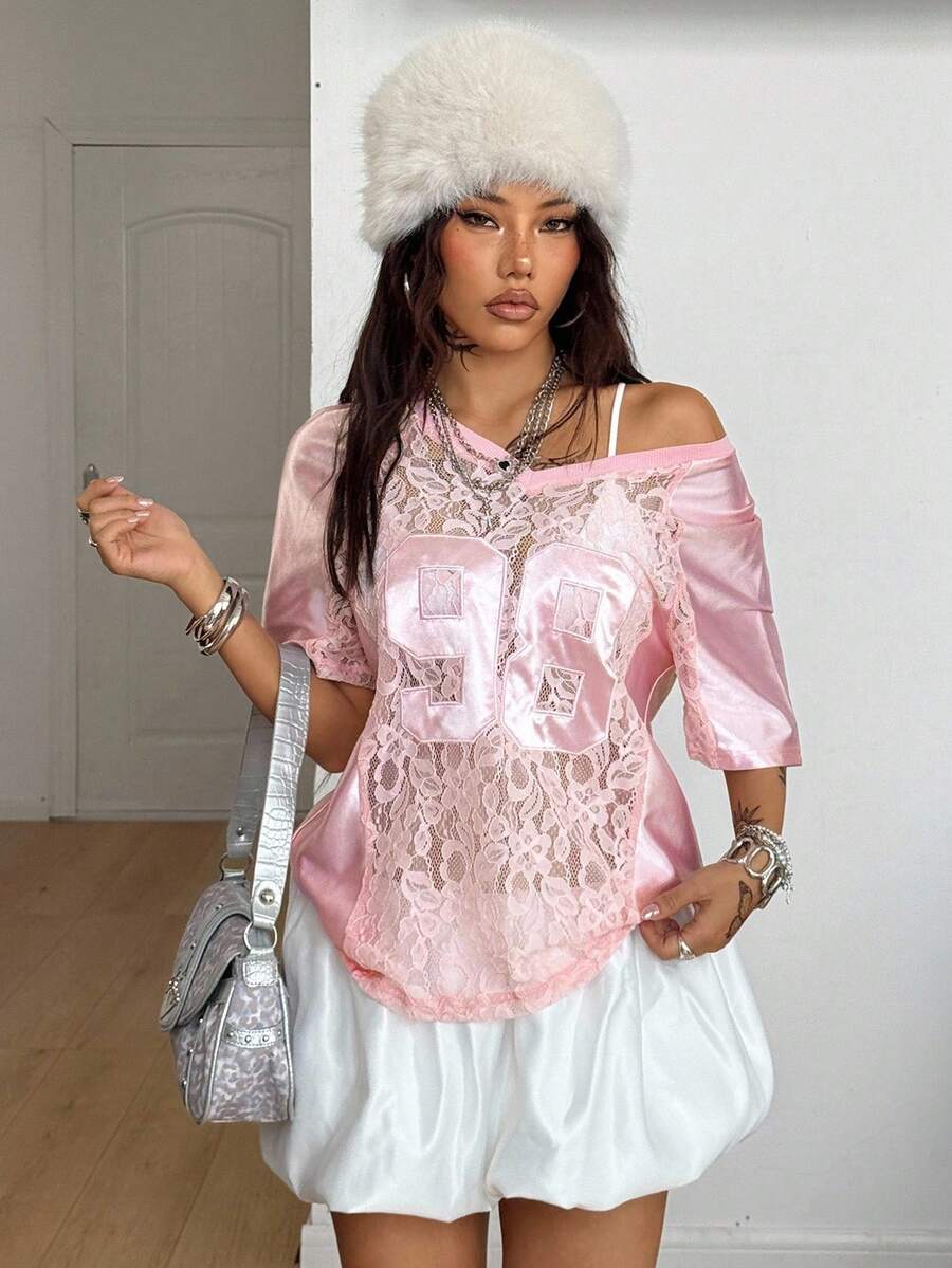 Coolane Áo thun Jersey cỡ lớn in họa tiết thêu ren tương phản Y2K Gyaru Fairycore dành cho cặp đôi mùa hè đường phố dành cho nam và nữ - Hồng - Xem 1