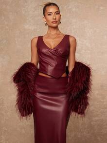 Lumalex Fall/Winter Collection Winter Clothes For Women 2pcs/Set Women Faux Leather V-Neck Sleeveless Criss-Cross Ruched Bodycon High Waist Outfit Red Leather Dress Burgundy Dress Maroon Dress Red Wine Dress Rouche Dress Luxury Evening Everyday Glamorous Outfit, Party, Going Out, Dates Essential, Birthday Gift, Teacher's Outfit, Business Casual, Women's Luxury Coats, Elegant Outfit For Women, New Year's Outfit Eve