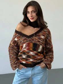 Aloruh 女式复古条纹花卉毛绒高领长袖深 V 套头毛衣，秋冬百搭针织上衣 - 棕色 - 查看 3