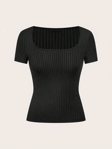 SHEIN EZwear 3 件套圆领短袖短款休闲修身女式 T 恤，百搭百搭，不同面料 - 黑色 - 查看 5