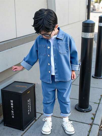 Genkimix Kids YoungBoys Casual Long Sleeve Denim Set, Featuring Minimalist & Loose Lapel, Practical Side Pockets On Front, Paired With Comfortable Pants, Showcasing Simple And Elegant Design, Suitable For Everyday Wear, School, Travel And Leisure In Spring And Autumn