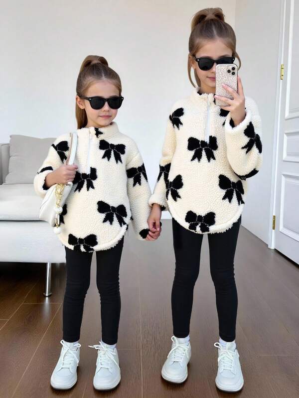 Tween Girl Young Girl Cute Bow Printed Stand Collar Fluffy Sweatshirt Top & Elastic Waist Long Pu Leggings Pants Set, Sport Style ,Great For Casual & Daily Wear & School Daily In Autumn & Winter