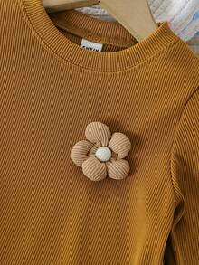 Elladie kids 2pcs/Set Girls Sweet Ribbed 3D Floral Crew Neck Long Sleeve Top And Flare Pants Set Fall Winter