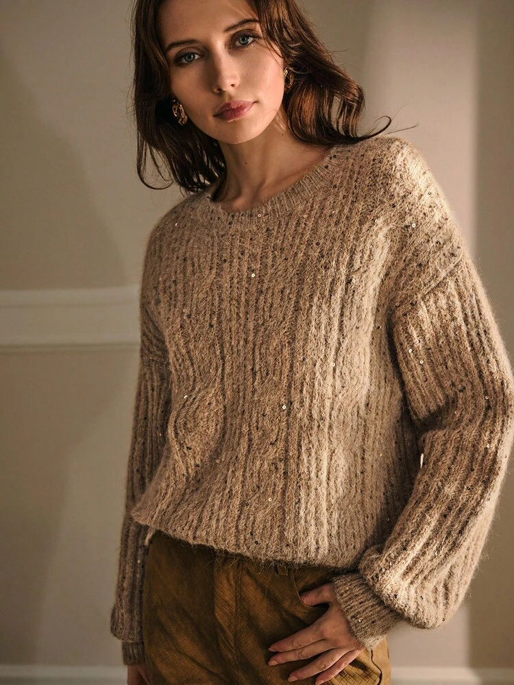 AUTUMN/WINTER ELEGANT SEQUIN KNITTED ROUND NECK SWEATER