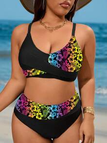 SHEIN Swim Curve 加大码 2 件套纯色可调节肩带设计搭配高腰拼接泳装，优雅女士海滩度假泳装 - 黑色 - 查看 5