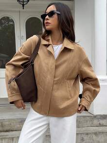 Livesso Giacca casual ampia da donna con colletto a risvolto, cappotto autunnale da donna per la scuola - Cachi - Visualizzare 3