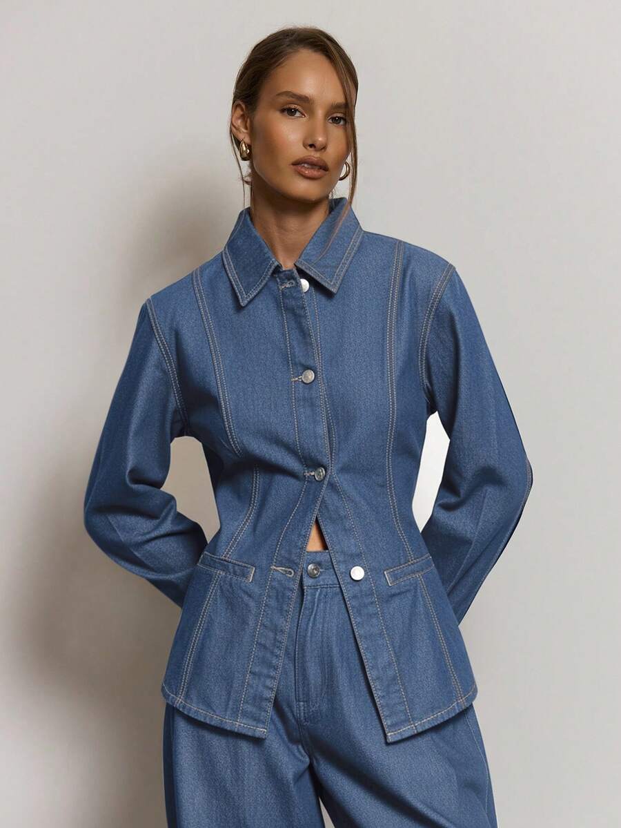 MUSERA Áo khoác denim dài tay ôm dáng, cổ bẻ, thích hợp cho kỳ nghỉ hè, du lịch, phong cách thường ngày, dễ thương, thanh lịch, cá tính, dành cho phái nữ, trang phục công sở mùa thu đông, mùa xuân. - Rửa trung bình - Xem 1