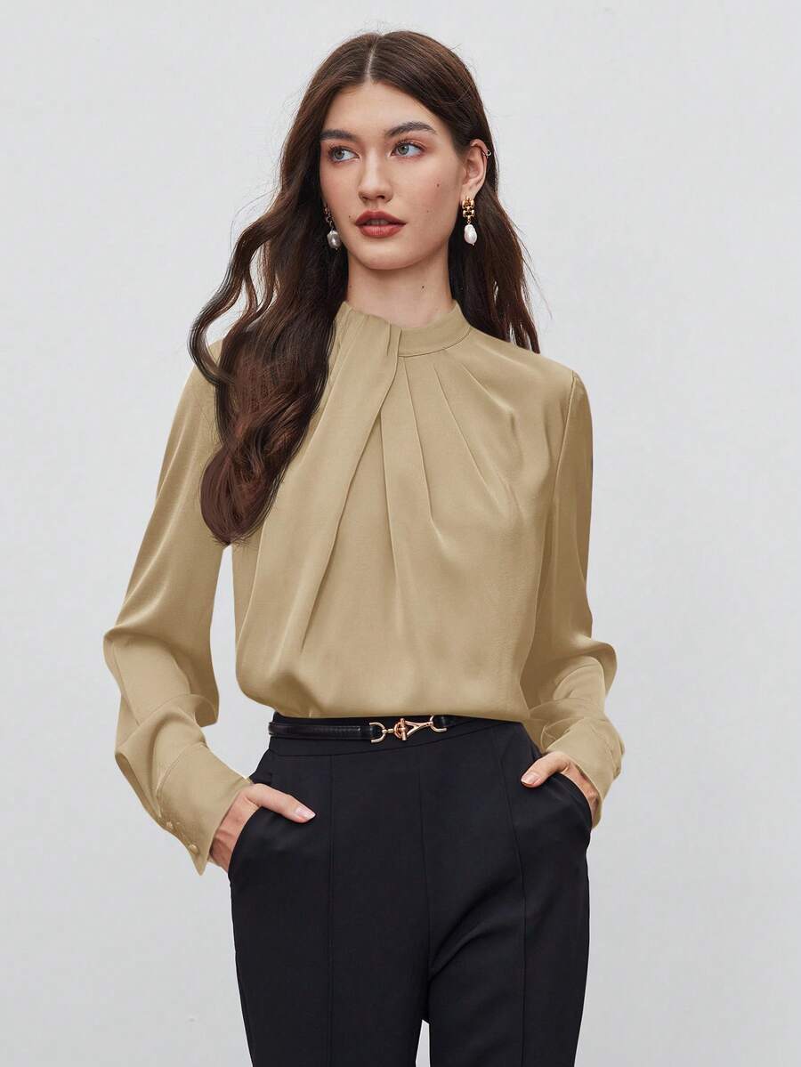 BizChic Áo sơ mi nữ màu kaki cổ xếp ly, kiểu dáng hiện đại, thanh lịch, phù hợp cho công sở, đi làm hàng ngày, lãng mạn, mang hơi hướng thập niên 90, thích hợp cho Giáng sinh, Năm mới, Ngày Valentine, tiệc tùng, đi biển, lễ tốt nghiệp, thời trang, lễ hội, kỳ nghỉ, dễ phối đồ, phù hợp cho khách dự đám cưới, chủ nhà, đi chơi, hẹn hò, tiệc tùng, tụ họp, hòa nhạc, biểu diễn sân khấu, bữa trưa muộn, tiệc trà, sân bay, phong cách nghỉ dưỡng đa năng.