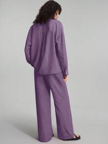 Ontre 2025年秋季女士两件套服装，包含长裤和长袖衬衫，适合海滩度假、音乐节、派对、商务休闲、办公室、优雅上衣、休闲衬衫、圣诞节、新年等场合。 - 紫色 - 查看 6